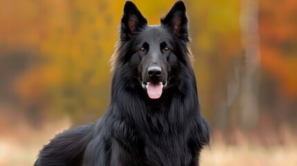  A black and brown dog stands in front of a yellow and orange tree, tongue out