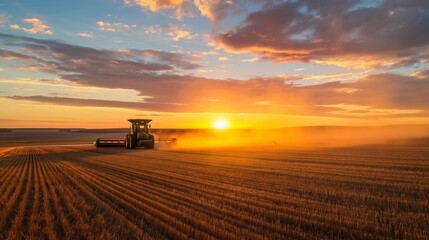 Fototapeta premium Sundown Harvest, Vibrant Sunset Colors Illuminate Expansive Fields with Advanced Agricultural Machinery in Action