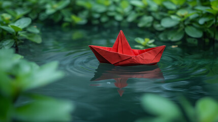 A red paper boat floating on a pond surrounded by green leaves.
