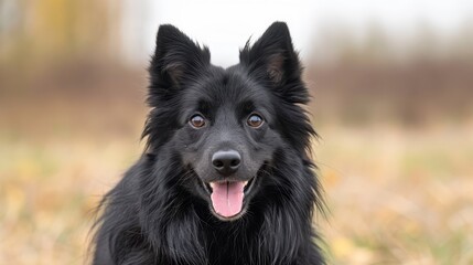  A black dog tongues-out at the camera, background blurred with grass and a foreground of a field