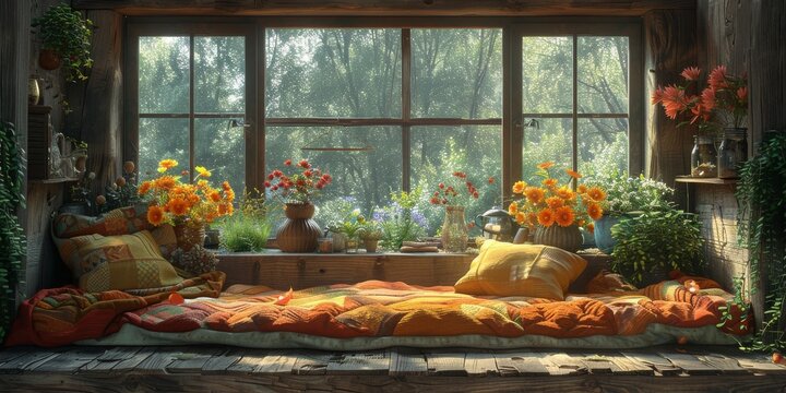 Cozy window nook with vibrant flowers, in sunlight, a colorful and comfortable retreat