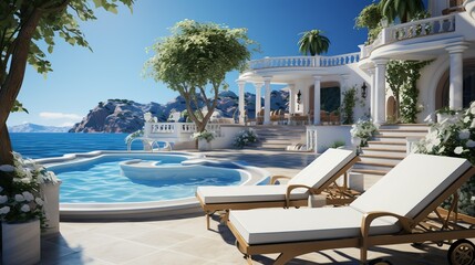 Fototapeta premium A pool background with an elegant design, featuring a sparkling blue pool, chic lounge chairs, and a view of the ocean, perfect for promoting luxury travel destinations.
