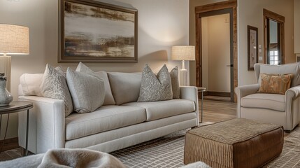 Scandinavian Serenity: Modern Living Room with Curved Loveseat Sofa and Framed Artwork 