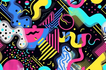 80s and 90s seamless design, colorful geometric shapes, retro aesthetic, vibrant hues, abstract and playful, bold patterns, intricate details, dynamic and vivid