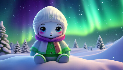 Naklejka premium Cute snow dool with big eyes and beautiful uniform with Nothern light background, AI generative