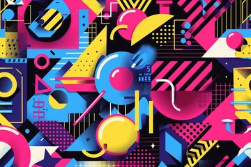 80s and 90s seamless design, vibrant geometric shapes, retro aesthetic, bright colors, playful and abstract, bold design, intricate details, dynamic and vivid