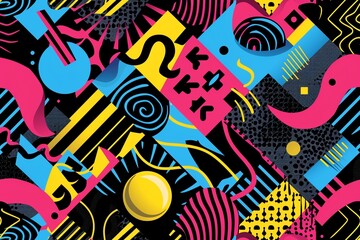 80s and 90s seamless design, vibrant geometric shapes, retro aesthetic, bright colors, playful and abstract, bold design, intricate details, dynamic and vivid