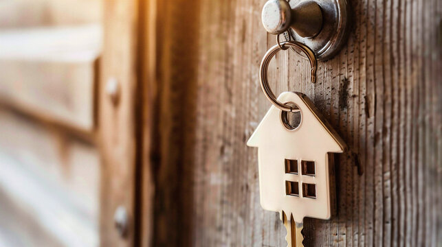 Nuevo hogar con llave y llavero con forma de hogar. Hipoteca, inversi&oacute;n, bienes ra&iacute;ces, propiedad y concepto de vivienda nueva