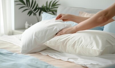 Person Making Bed, Smoothing Sheets and Fluffing Pillows
