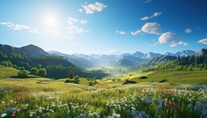 A stunning spring day landscaping views of fertile land surrounded beautiful green vegetation, wide stretches of hills and mountains with clear skies in spring