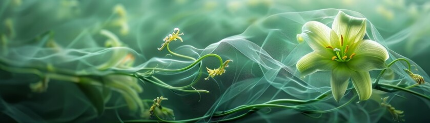 A serene close-up of a delicate green flower with dewdrops resting on its petals surrounded by lush foliage and gentle light.