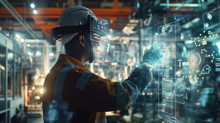 Obraz premium Futuristic Industry: Engineers and Workers in Digitalized Manufacturing Factory with Augmented Reality Interfaces and Digital Twins