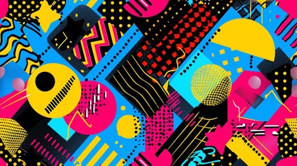 Seamless 80s Memphis Style pattern, bright geometric shapes, neon colors, retro art, playful and bold, vivid and intricate, dynamic design