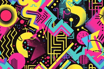 Seamless 80s Memphis Style pattern, abstract geometric shapes, bright neon colors, retro aesthetic, playful design, bold patterns, vivid and dynamic, intricate details