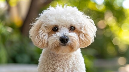  A tight shot of a dog's face, surrounded by a vague background of trees and bushes Beneath it, an indistinct expanse of grass and trees