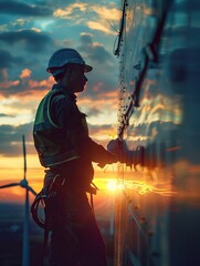 Silhouette of a technician working on a wind turbine during sunset, showcasing renewable energy and maintenance work in the field.