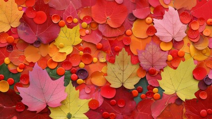  A tight shot of leaves, adorned with water droplets and red, yellow, orange, and green berries beneath