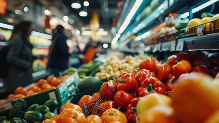 A candid snapshot showcasing the diverse selection of fruits and vegetables in a bustling supermarket, with shoppers browsing in the background, capturing the essence of everyday life