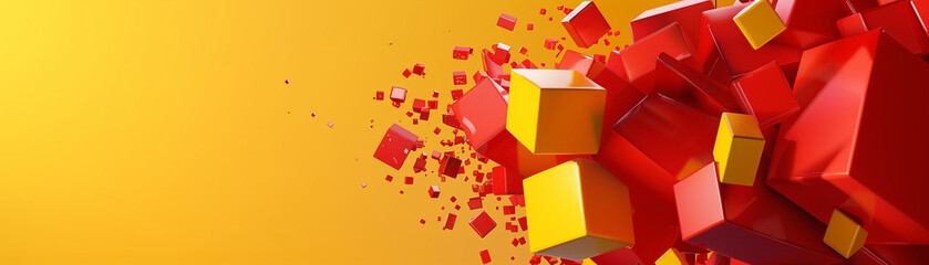 A dynamic explosion of red and yellow cubes against a vibrant yellow background, representing creativity, energy, and modern design.