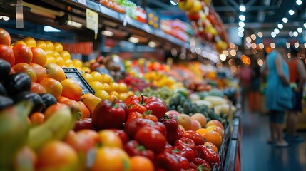 A candid snapshot showcasing the diverse selection of fruits and vegetables in a bustling supermarket, with shoppers browsing in the background, capturing the essence of everyday life