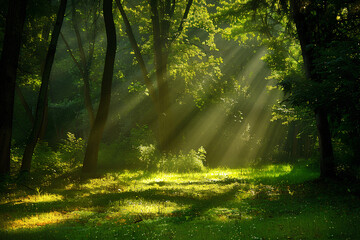 Fototapeta premium beautiful sunshine in a stunning green forest