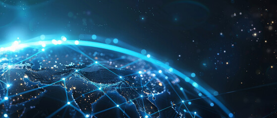 Abstract digital network with Earth globe and radiant lines, technology theme, , real photo, photography