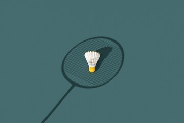 Top view of yellow shuttlecock under the shadow of the badminton racket on dark background. Sports concept with copy space. 3D render. Creative sport background for postcard, flyer, poster.