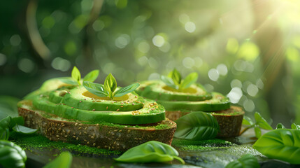 Photo realistic representation of Fresh Avocado Toast concept: High resolution image showcasing a popular and nutritious plant based breakfast against a glossy backdrop