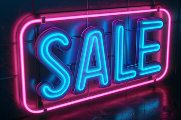 Bright neon sale sign glowing in pink and blue colors, perfect for retail promotion, discount events, and digital marketing designs.