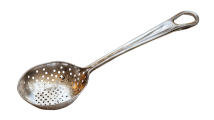 A metal strainer with a handle placed on a plain white background