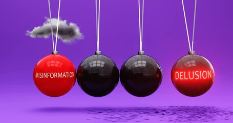 Misinformation leads to delusion. A Newton cradle metaphor in which misinformation sets delusion in motion. Vicious cycle. Cause and effect relation between misinformation and delusion. Can be looped