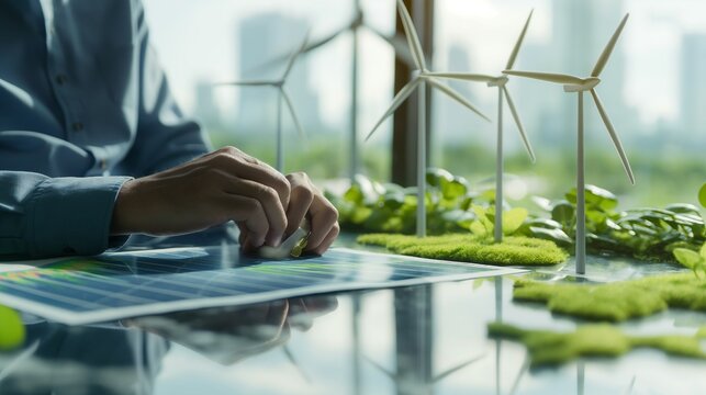 A businessman analyzes a graph showing market trends in renewable energy investments against a clean and uncluttered background. with natural light, soft shadows, and copy space - Powered by Adobe