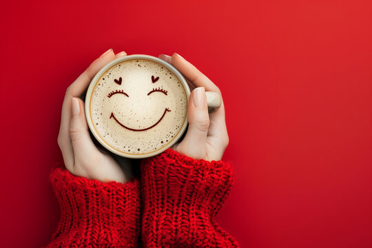 Cozy winter scene with hands holding a smiley face coffee cup in red gloves on a vibrant red background, symbolizing warmth and happiness.