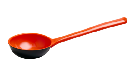 A red and black spoon placed on a clean white surface