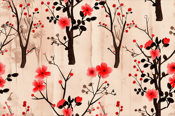 A floral pattern with red flowers and brown branches