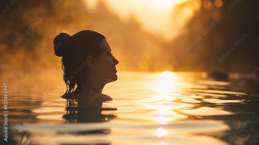 Sticker Tranquil silhouette of an ageless woman enjoying a peaceful moment