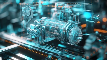 A complex mechanical system's holographic 3D model for engineering review, featuring copy space, holograms, and a blurred background