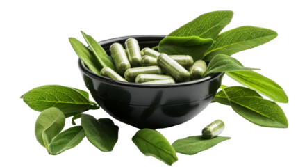 A black bowl filled with green leaves and capsules