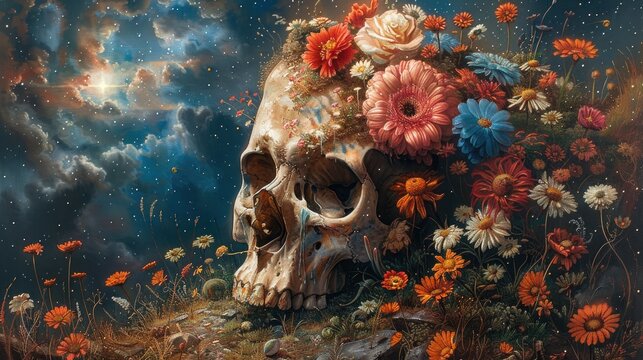 A vibrant floral skull against a starry nebula backdrop invites the mysteries of life and death With Psychedelic cosmic mushroom forest 
