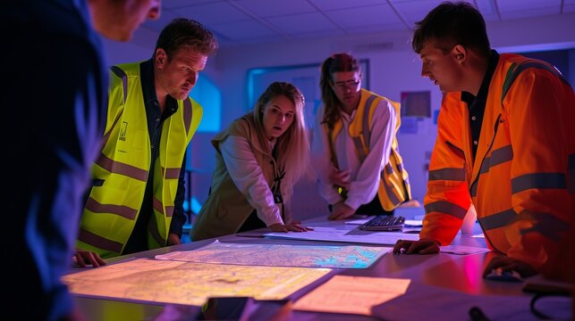 Law enforcement team coordination team liaising with local authorities and emergency services to facilitate a smooth investigation process - Indoor Meeting