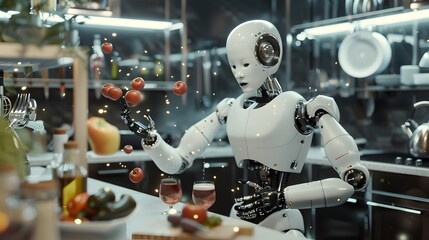Sentient Robot Chef Crafting Gourmet Meal in Futuristic High Tech Kitchen with Levitating Ingredients