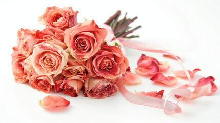 A beautiful rose bouquet decorated with a ribbon and bow, featuring wedding flower petals on a pure white background