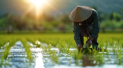 Serene Farmer Tending to Rice Field with Dedication in Tranquil Rural Landscape