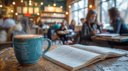 Cozy Coffee Shop Study Session with Students Studying at Wooden Table Amidst Steaming Mugs of Coffee and Open Textbooks