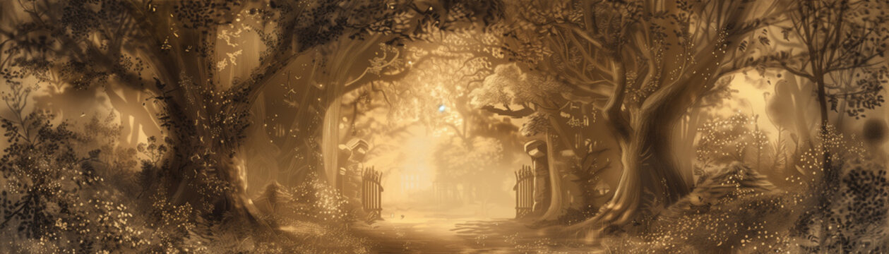 Mystical fairy realm with enchanted trees and hidden fairy doors, bathed in soft golden light, Dreamlike, Sketch, Sepia Tones