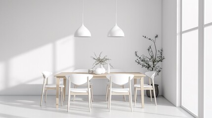 White walled minimalist dining room interior with a minimalistic style.