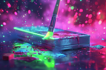 Illustrate an abstract, futuristic scene with a metallic silver paint box and a neon green...
