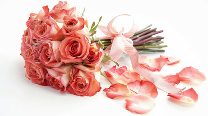 A beautiful rose bouquet decorated with a ribbon and bow, featuring wedding flower petals on a pure white background