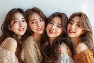 Obraz premium A group of beautiful Korean women with long hair, smiling and posing for the camera in various poses. They have natural makeup and bright smiles that radiate confidence and beauty.