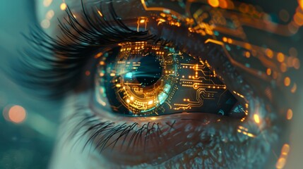 Cybernetic Fusion: Digital Eye with Biomechanical Iris Amid Glowing Circuits